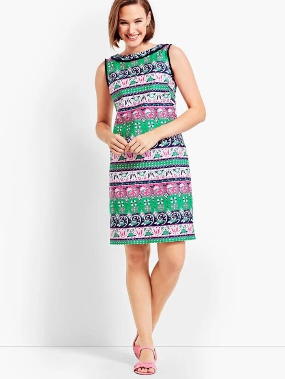 Talbots Fringed Sheath cottagecore Kelly green, hot pink, navy blue, and white